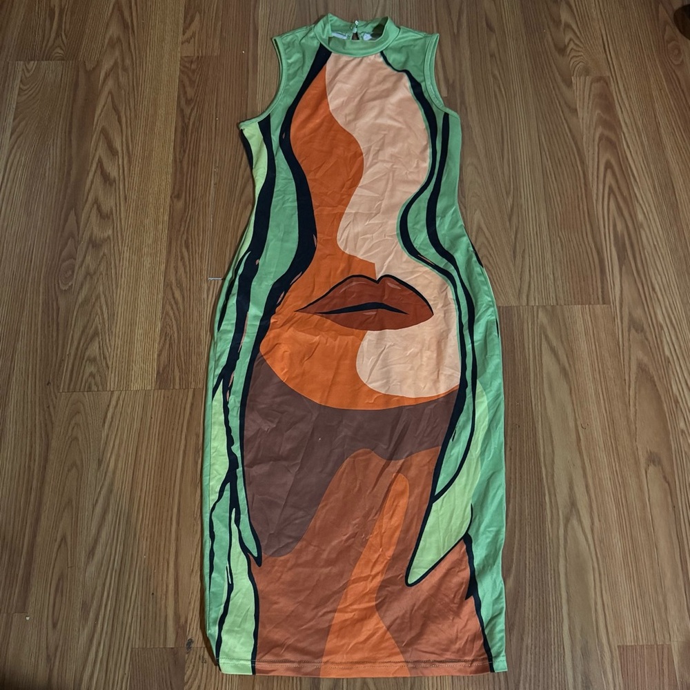 Shein Woman’s Face Abstract Picasso Art Print Green‎ Bodycon Dress Trippy Y2k
